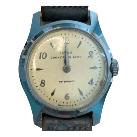 1959 Vintage Timex Demonstrator Marlin Watch 34mm Cream Silver Leather Band - Picture 2 of 7